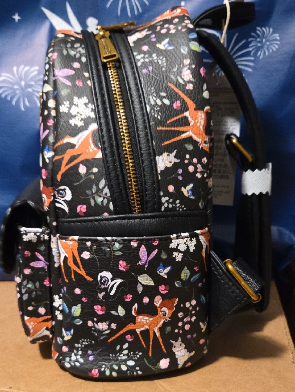 Loungefly Black Bambi‎ Floral Mini Backpack with Gold Emblem - Picture 2 of 8